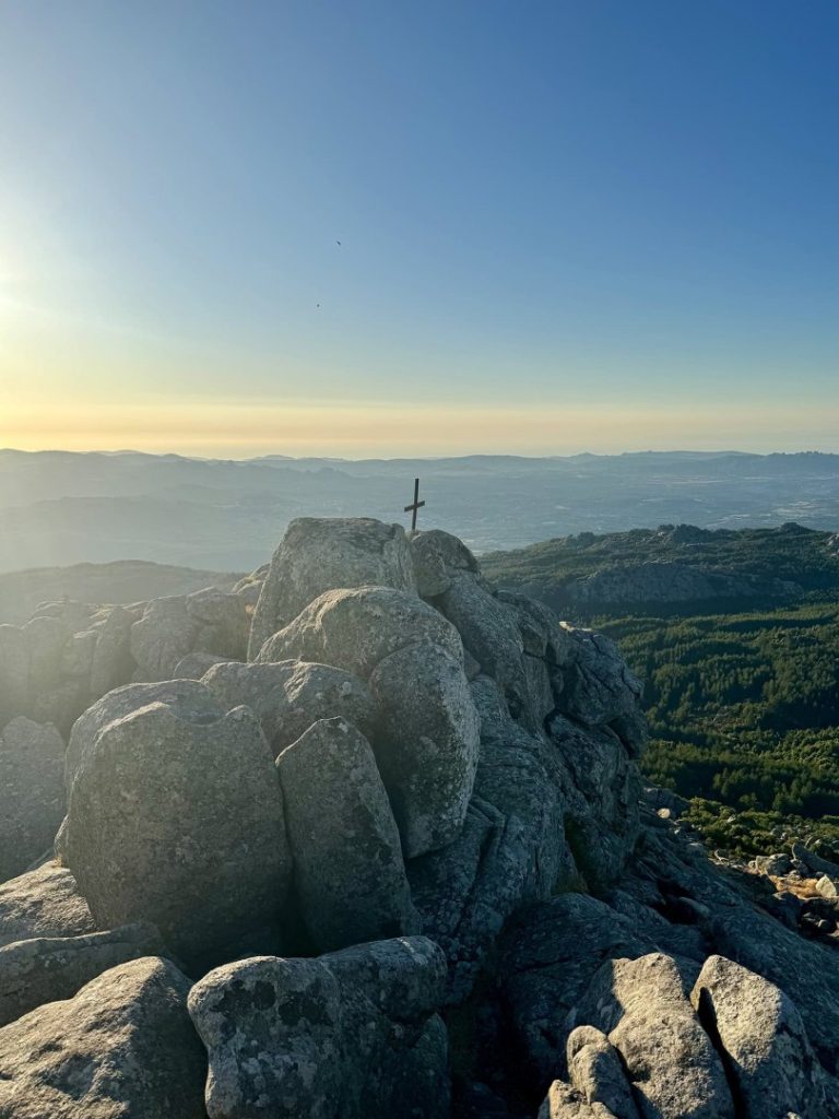 Sardinia mountain hike view from rocky peak with cross, panoramic landscape on Breath Hike Station Advanced trail